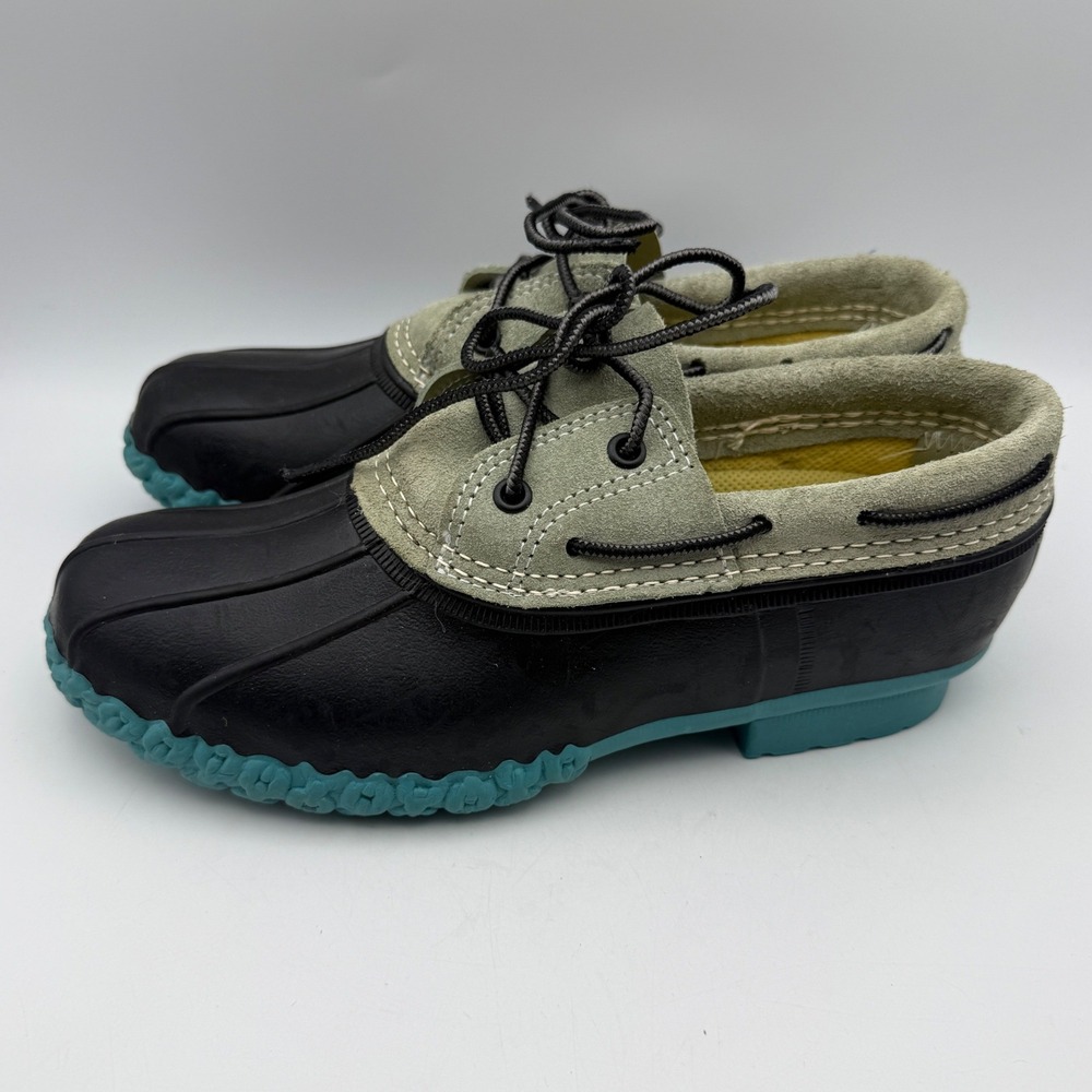LL Bean Gumshoe Bean Boots Kids 6 M Black Sage Teal Suede Rubber Mocs 505708